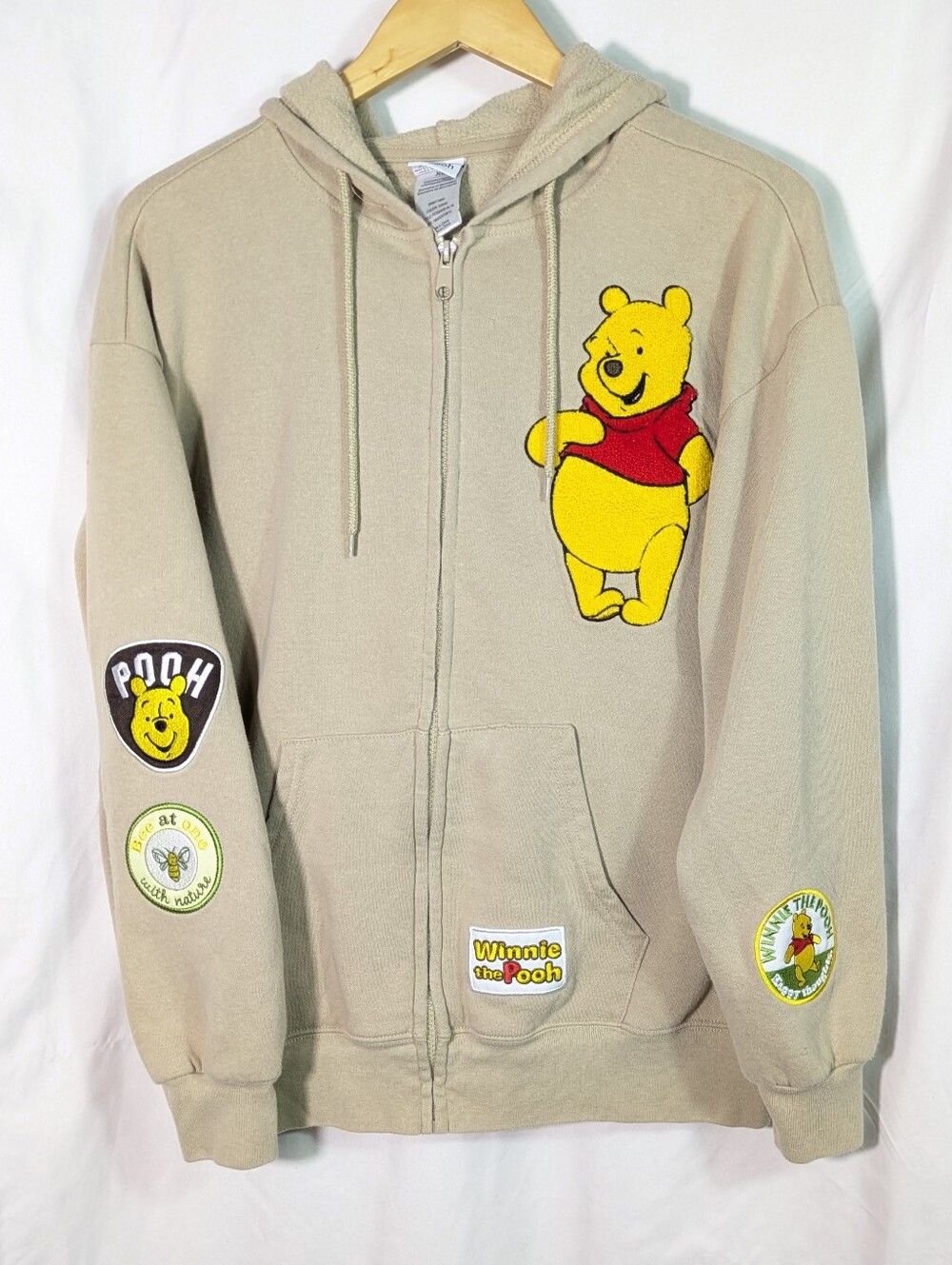 DISNEY Women's Winnie The Pooh Patched Full Zip Hoodie Jacket Cotton Blend Sz XL